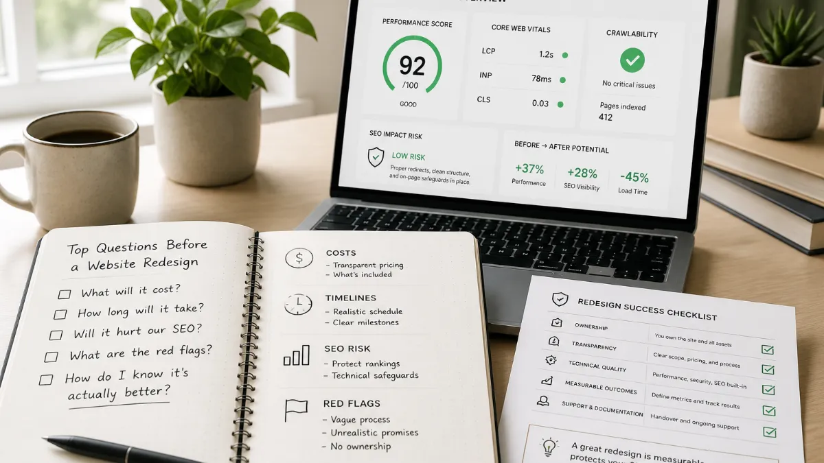 Small business owner reviewing a checklist of website redesign questions at a desk with a laptop showing a before-and-after website comparison