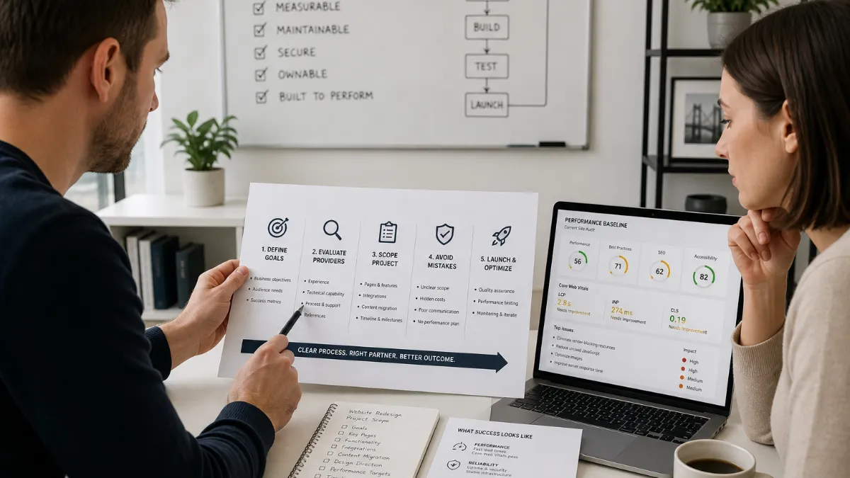 Small business owner reviewing website audit data on a laptop before briefing a professional website redesign agency