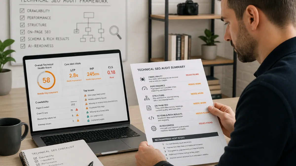 A small business owner reviewing a technical SEO audit report on a laptop, with website crawl data and performance metrics visible on screen