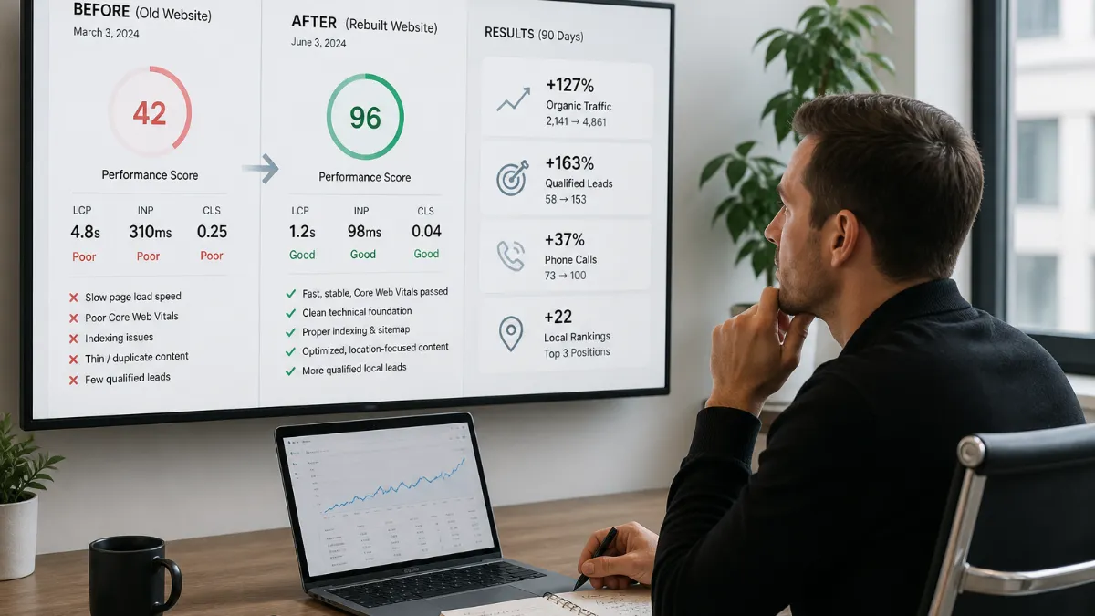 Side-by-side before and after comparison of a local service business website showing improved layout, faster load speed metrics, and higher Google rankings on a laptop screen