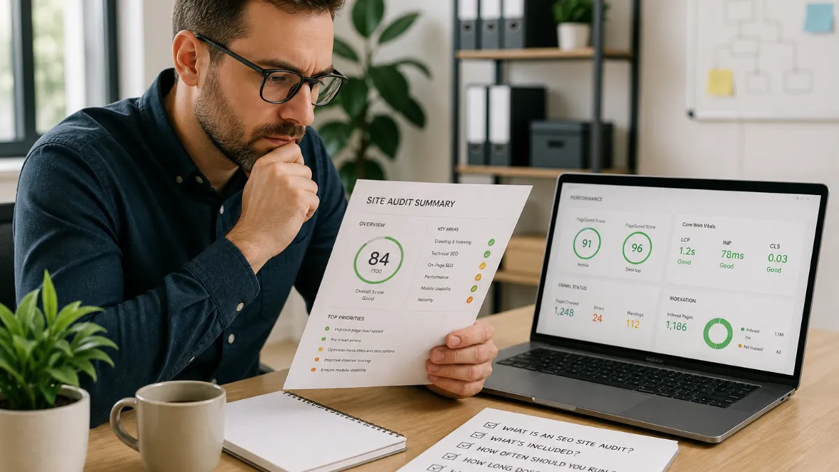 Small business owner reviewing an SEO site audit report on a laptop at a desk with a notepad and coffee