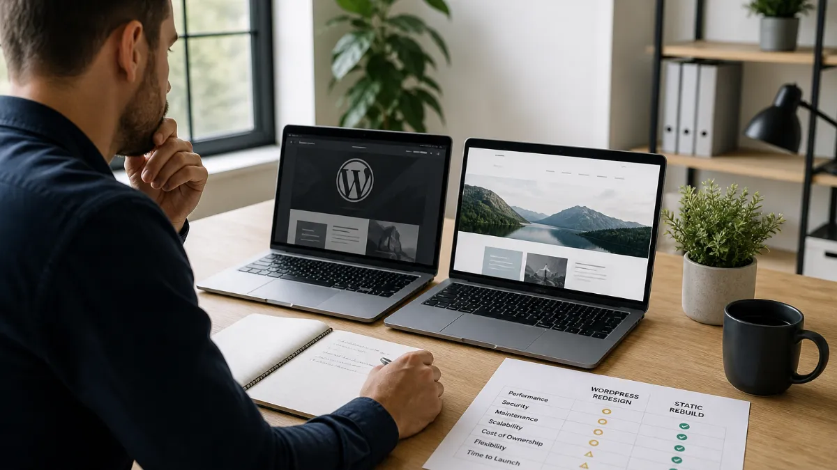 Split-screen diagram comparing a cluttered WordPress admin dashboard on the left with a clean, fast-loading Astro static site performance score on the right